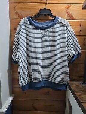 Umgee Blue & White Striped Short-Sleeve Sweatshirt Oversized